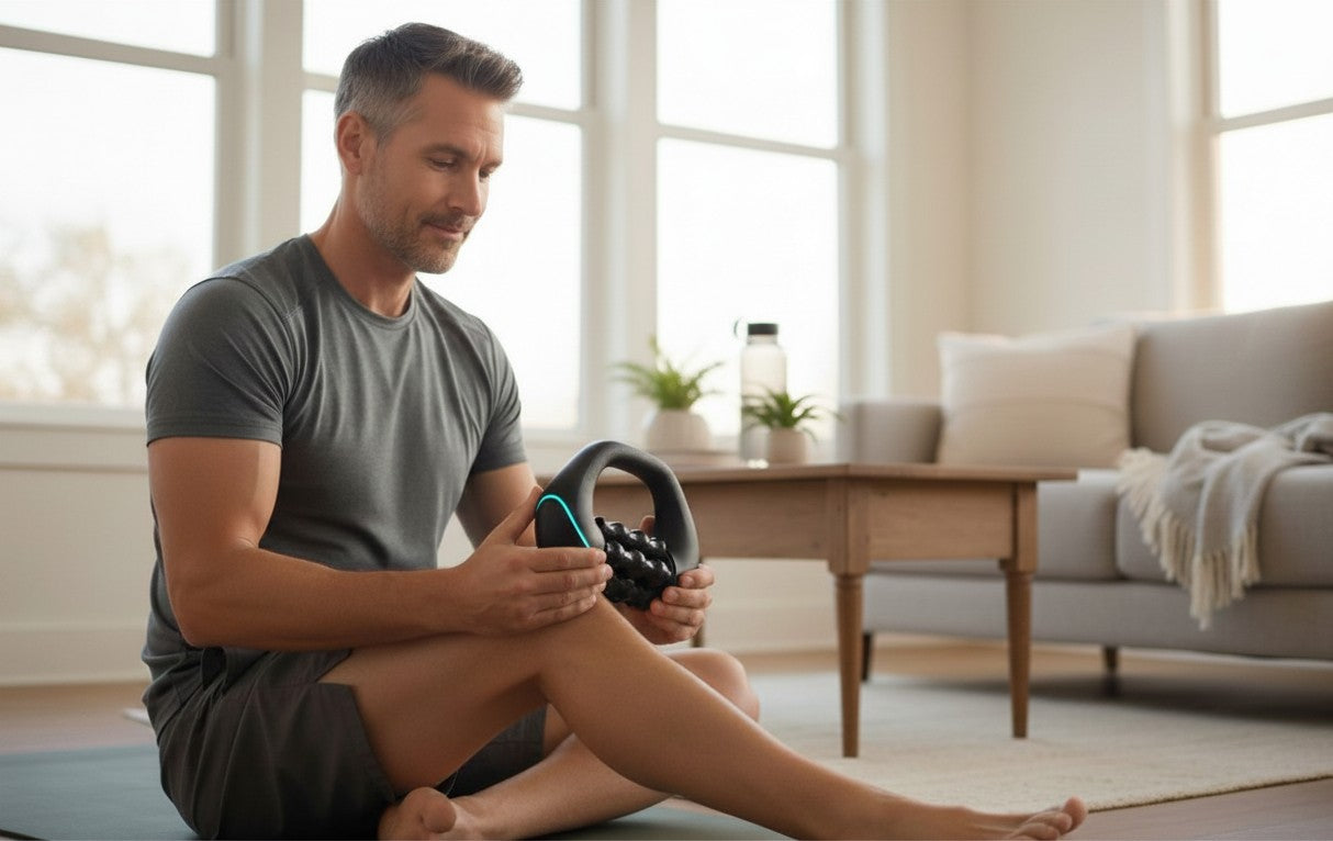 Appareil de massage électrique Padel Shark noir avec poignée ergonomique et rouleaux pour soulager les tensions musculaires.