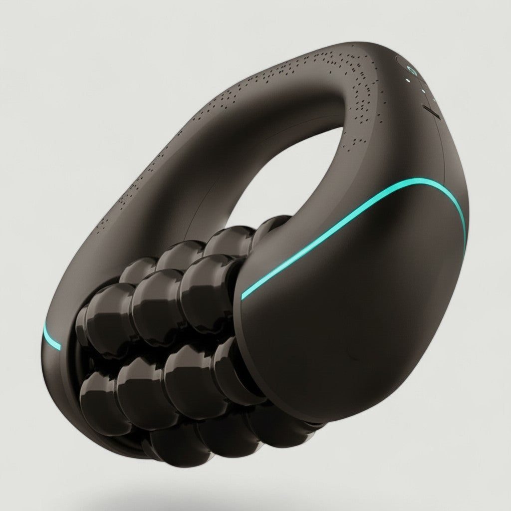 Appareil de massage électrique Padel Shark noir avec rouleaux et lumières bleues, idéal pour la récupération sportive.