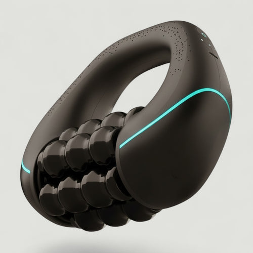 Appareil de massage électrique Padel Shark noir avec rouleaux et lumières bleues, idéal pour la récupération sportive.