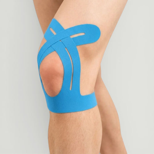 Padel Shark blue kinesiology tape for knee support and stabilization during padel. Adhesive elastic band for optimal knee comfort.