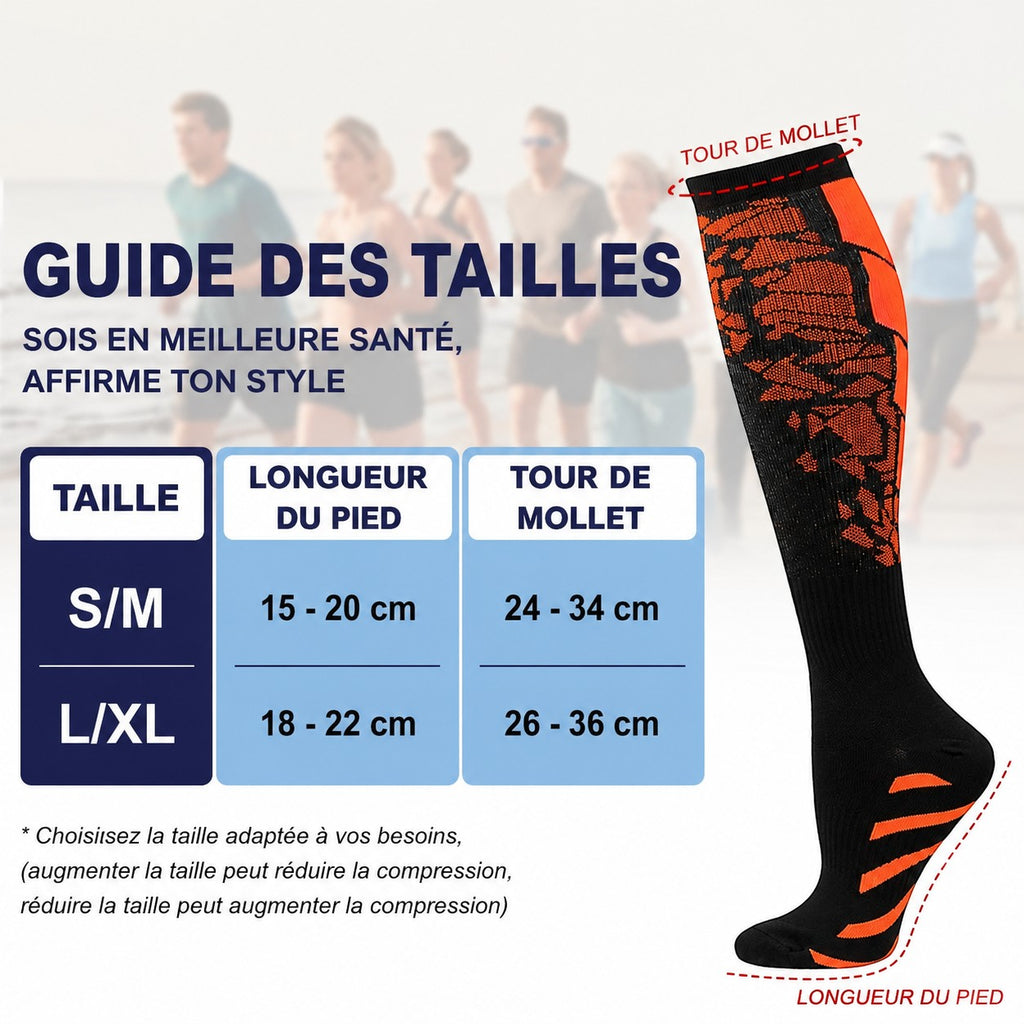 Guide des tailles Padel Shark pour chaussettes de compression sportives noires et orange avec détails techniques