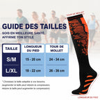 Guide des tailles Padel Shark pour chaussettes de compression sportives noires et orange avec détails techniques