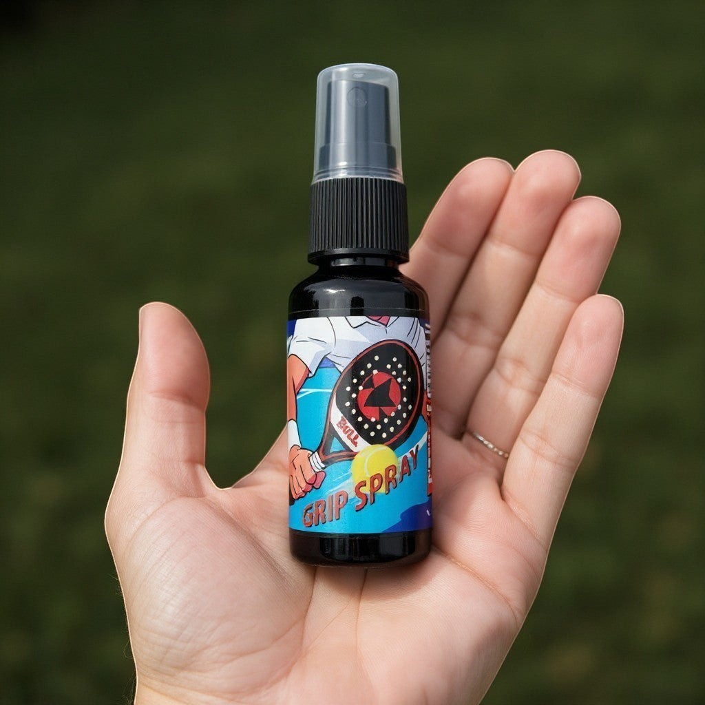 Padel Shark grip spray bottle with anti-slip formula for optimal grip in all conditions.