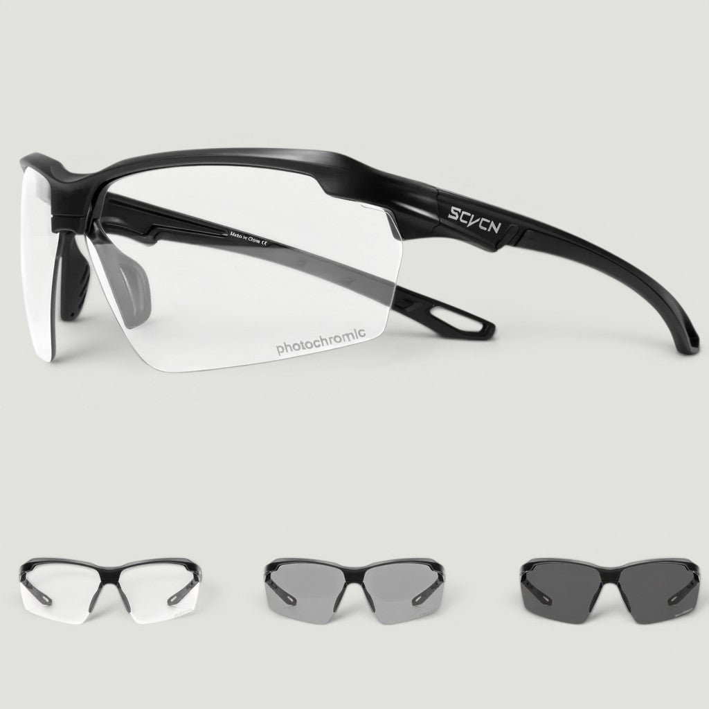 Lunettes de sport Padel Shark photochromiques noires, verres ajustables, protection UV, idéales pour le padel.
