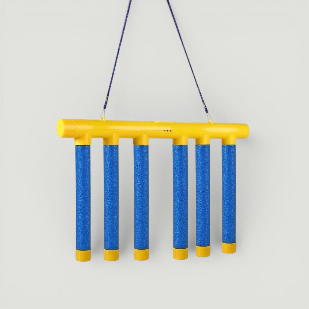 Padel Shark yellow and blue reflex training stick with six hanging blue foam tubes. Ideal for improving reaction speed and agility.