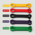 Padel Shark set of 6 resistance bands in yellow, red, black, purple, and green, with varying resistance levels for training.