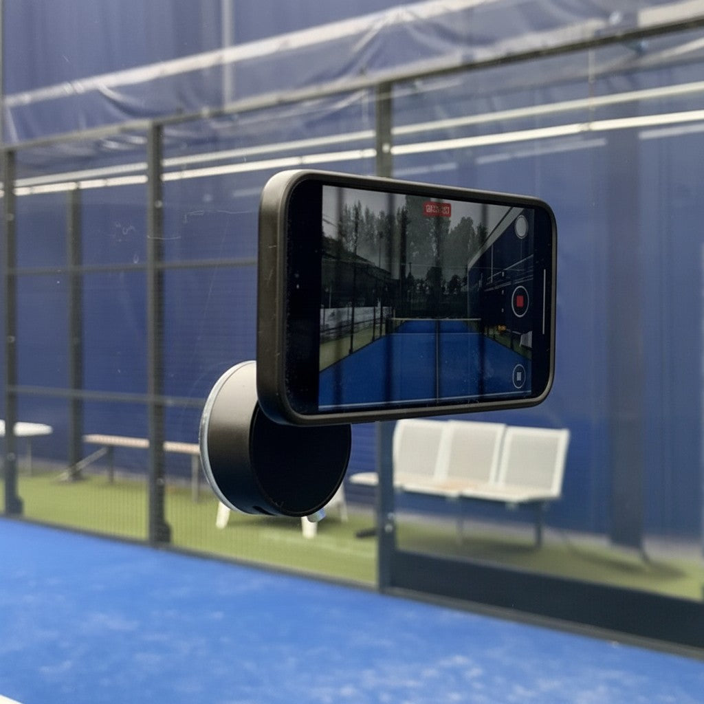 Support téléphone Padel Shark à ventouse fixé sur une vitre de terrain de padel pour filmer un match