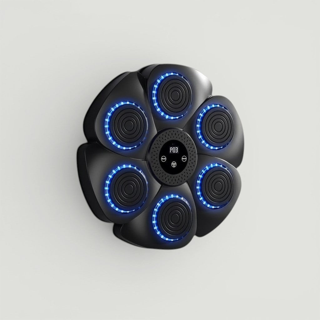 Padel Shark black music reflex boxing machine with 6 illuminated targets and central display. Includes USB cables and boxing gloves.