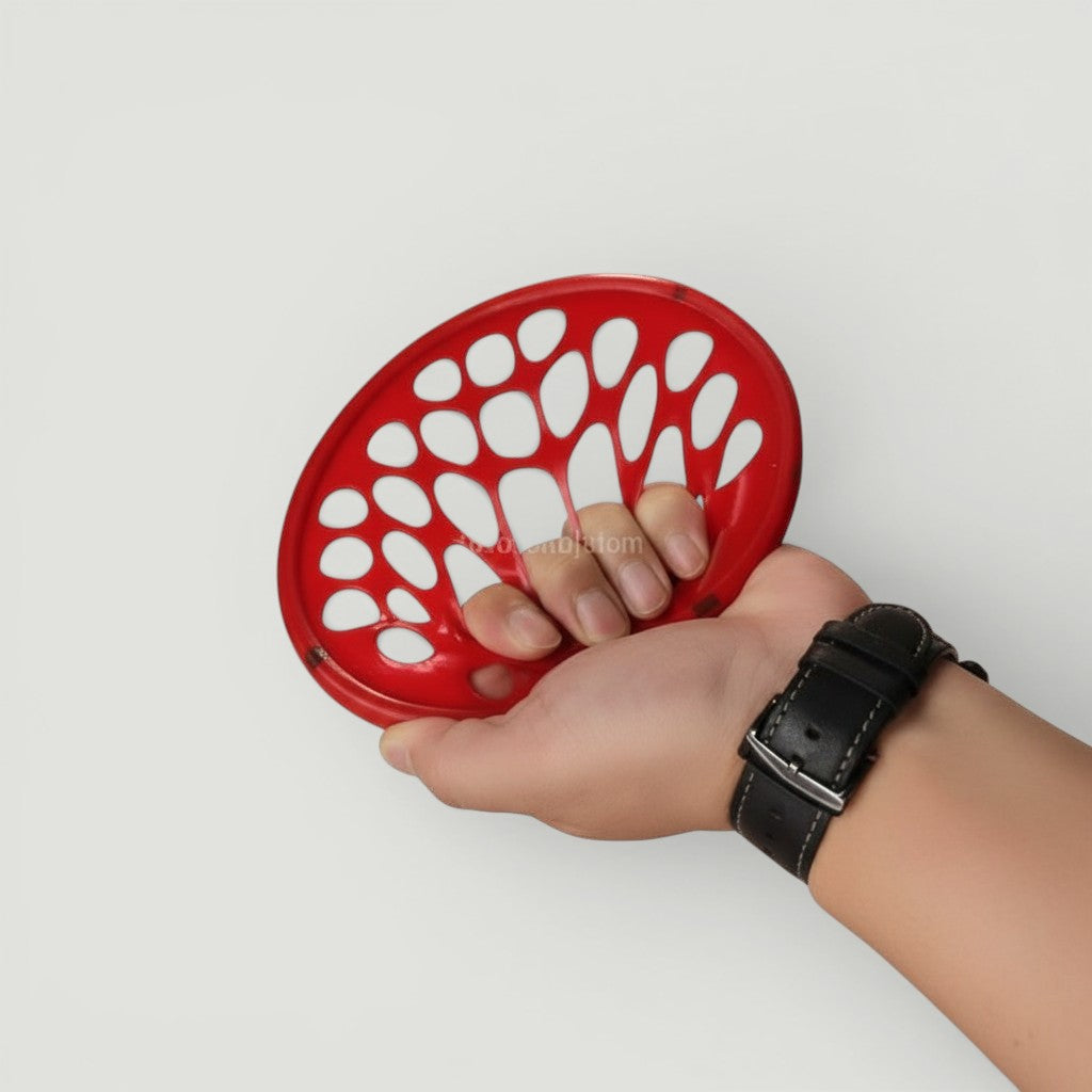 Padel Shark red hand grip exerciser for strengthening fingers and forearms, oval shape with open holes.